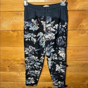 Rebecca Taylor Silk Blend Floral Pants Elastic Waist Drawstring black gray 28 in